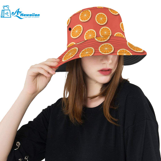 Oranges pattern red background Unisex Bucket Hat