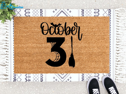 Outdoor Mat- Halloween Day October 31 With Broom Bat And Spider Web Doormat Home Decor