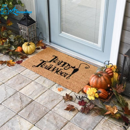 Outdoor Mat- Happy Halloween Black Text On Beige Background Doormat Home Decor