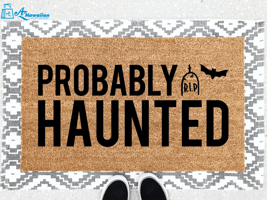 Outdoor Mat- Happy Halloween Probably Haunted Text With Bat And Tomb Doormat Home Decor