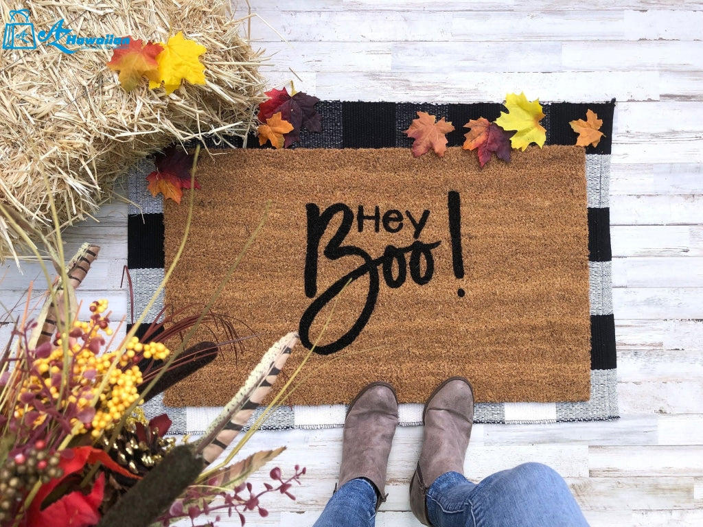 Outdoor Mat- Hey Boo Halloween Themed Beige Doormat Home Decor