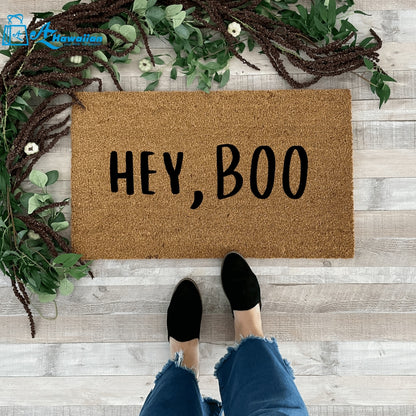 Outdoor Mat- Hey Boo Text On Brown Background Halloween Themed Doormat Home Decor