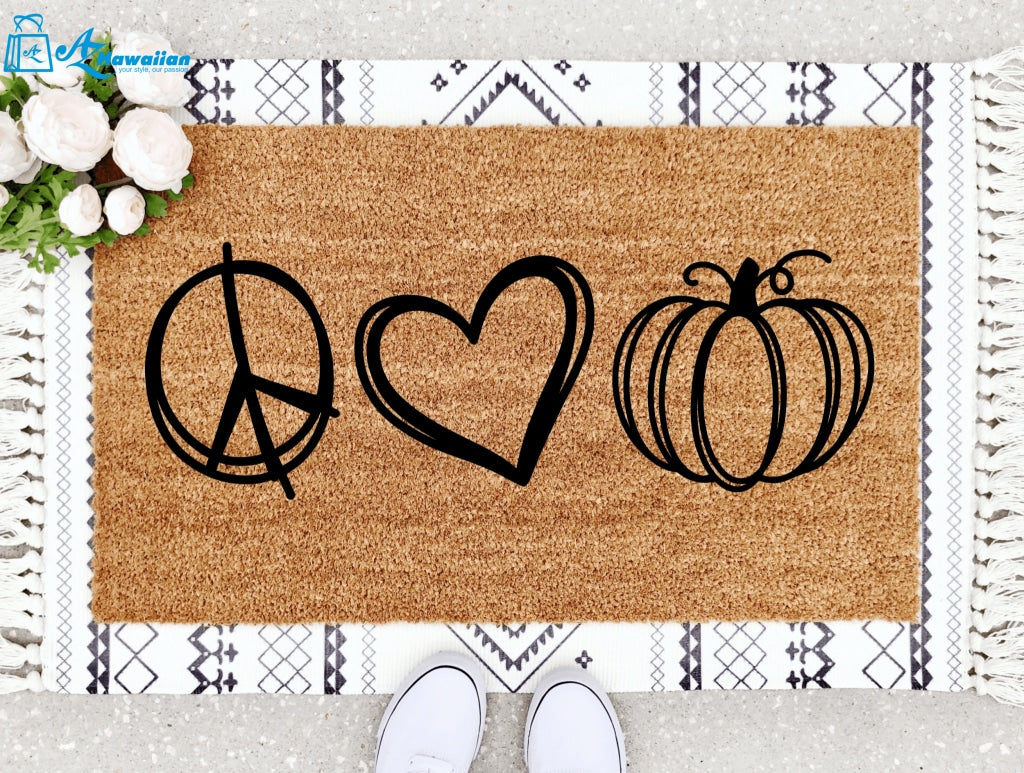 Outdoor Mat- Peace Love And Halloween Pumpkin Hand Drawn Pattern Doormat Home Decor