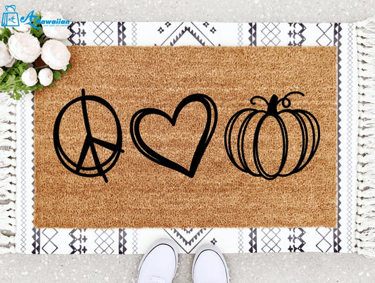 Outdoor Mat- Peace Love And Halloween Pumpkin Hand Drawn Pattern Doormat Home Decor