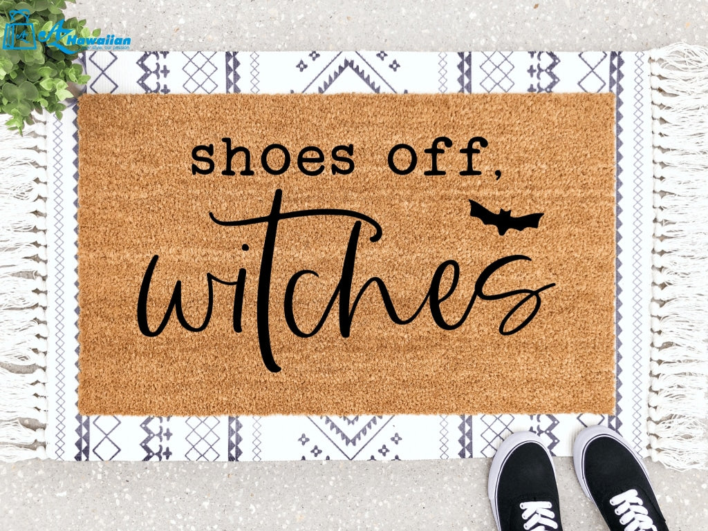 Outdoor Mat- Shoes Off Witches Flying Bat Pattern Halloween Themed Doormat Home Decor