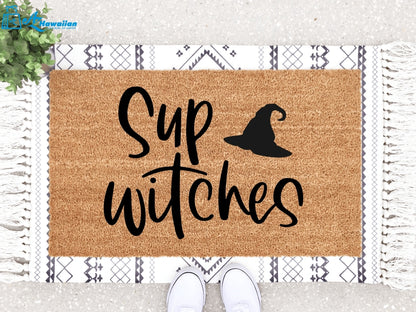 Outdoor Mat- Sup Witches Black Hat Pattern Halloween Themed Doormat Home Decor