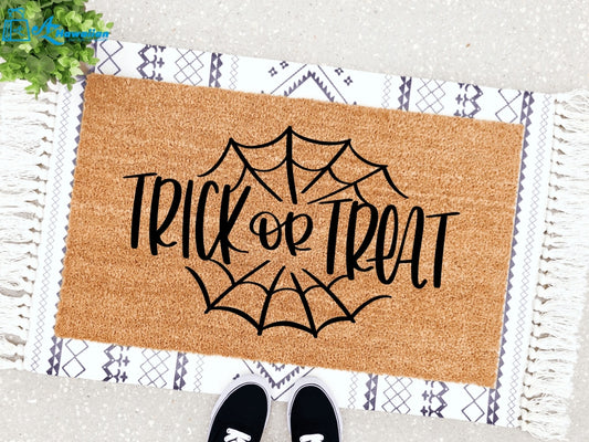 Outdoor Mat- Trick Or Treat Text On Spider Web Halloween Themed Doormat Home Decor