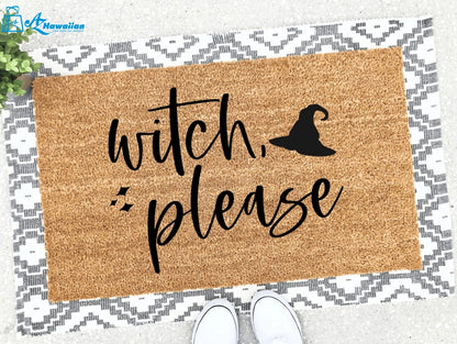 Outdoor Mat- Witch Please Text With Halloween Black Hat Pattern Doormat Home Decor