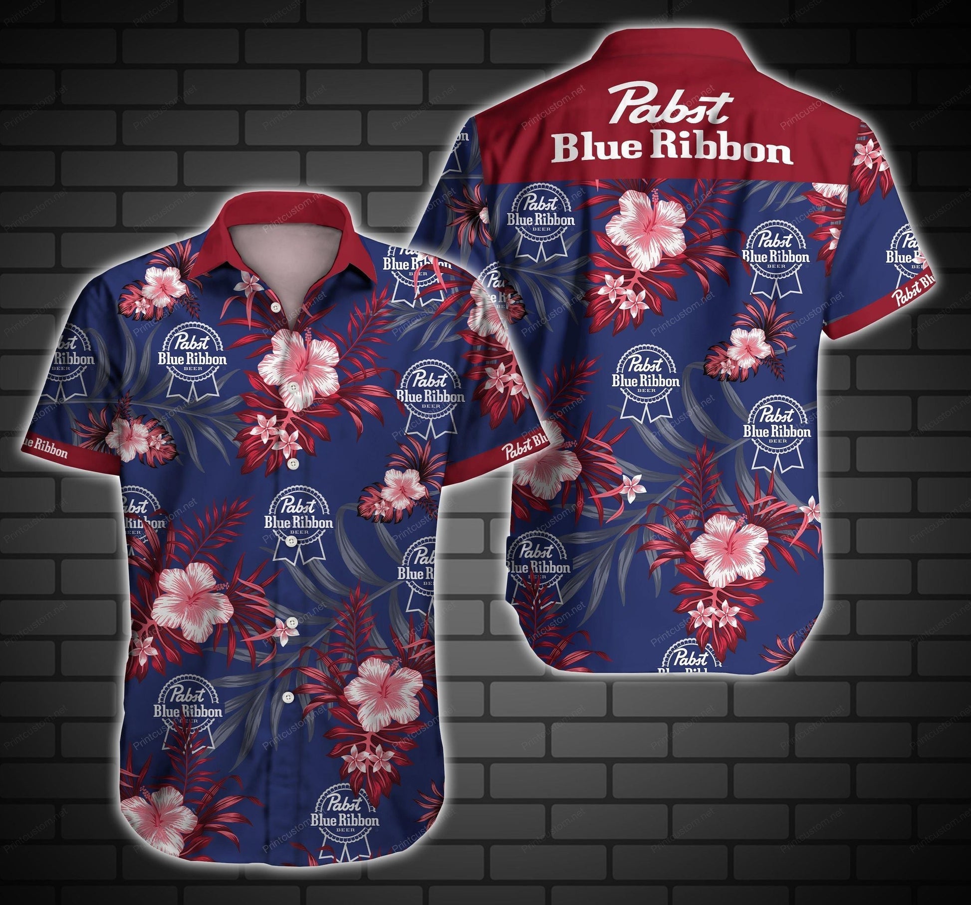 Pabst Blue Ribbon Hawaiian II Graphic Print Short Sleeve 