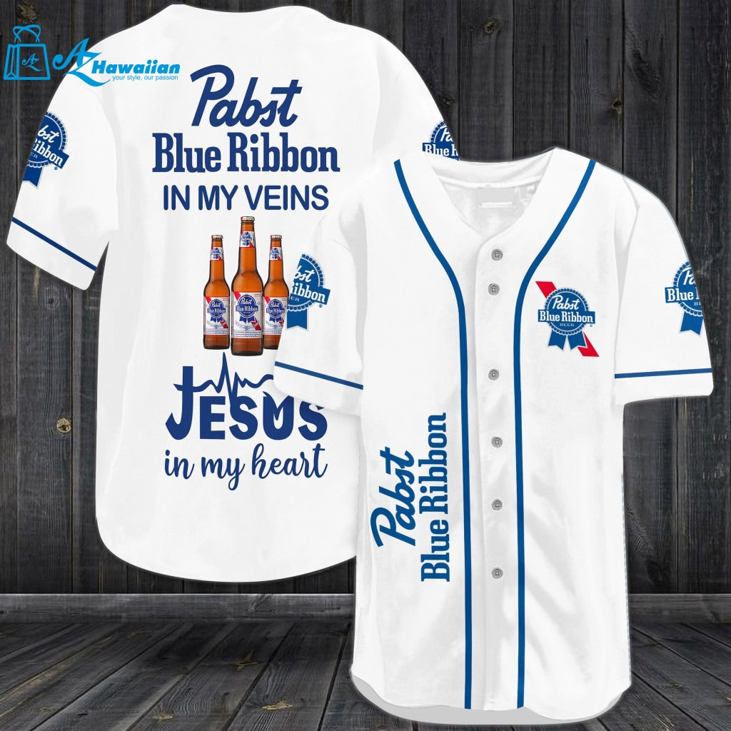 Pabst Blue Ribbon In My Veins Jesus In My Heart Baseball Jersey 