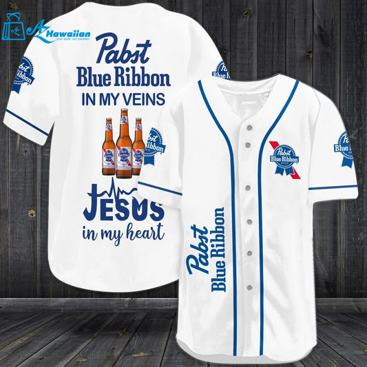 Pabst Blue Ribbon In My Veins Jesus In My Heart Baseball Jersey 