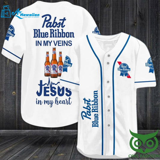 Pabst blue ribbon in my veins Jesus in my heart Baseball Jersey Shirt