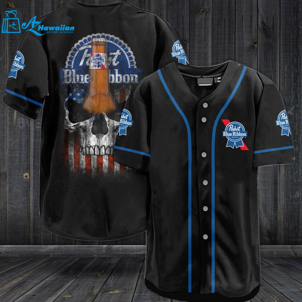 Pabst Blue Ribbon USA Flag Skull All Over Print Unisex Baseball Jersey 