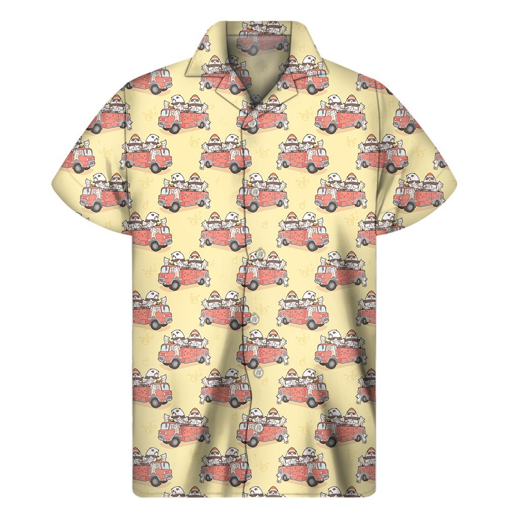 Panda Firefighter And Cat Pattern Print Mens Short Sleeve Shirt Hawaiian