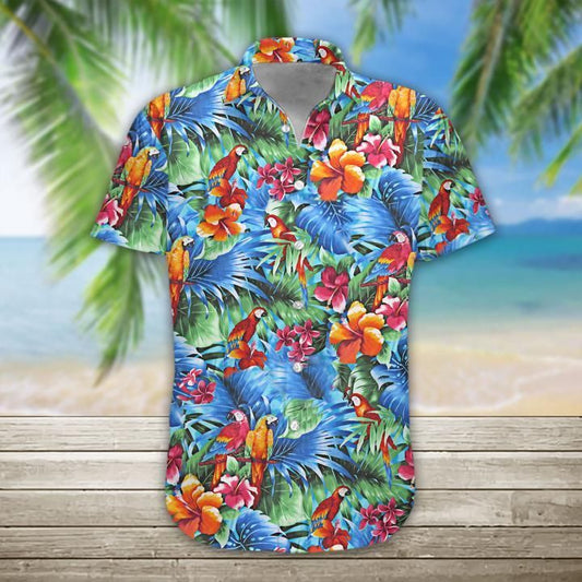 Parrot Tropical Hawaiian Graphic Print Short Sleeve 