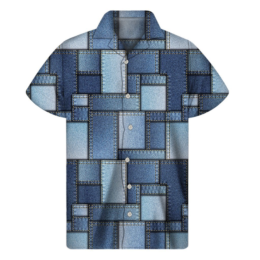 Patchwork Denim Jeans Pattern Print Mens Short Sleeve Shirt Hawaiian