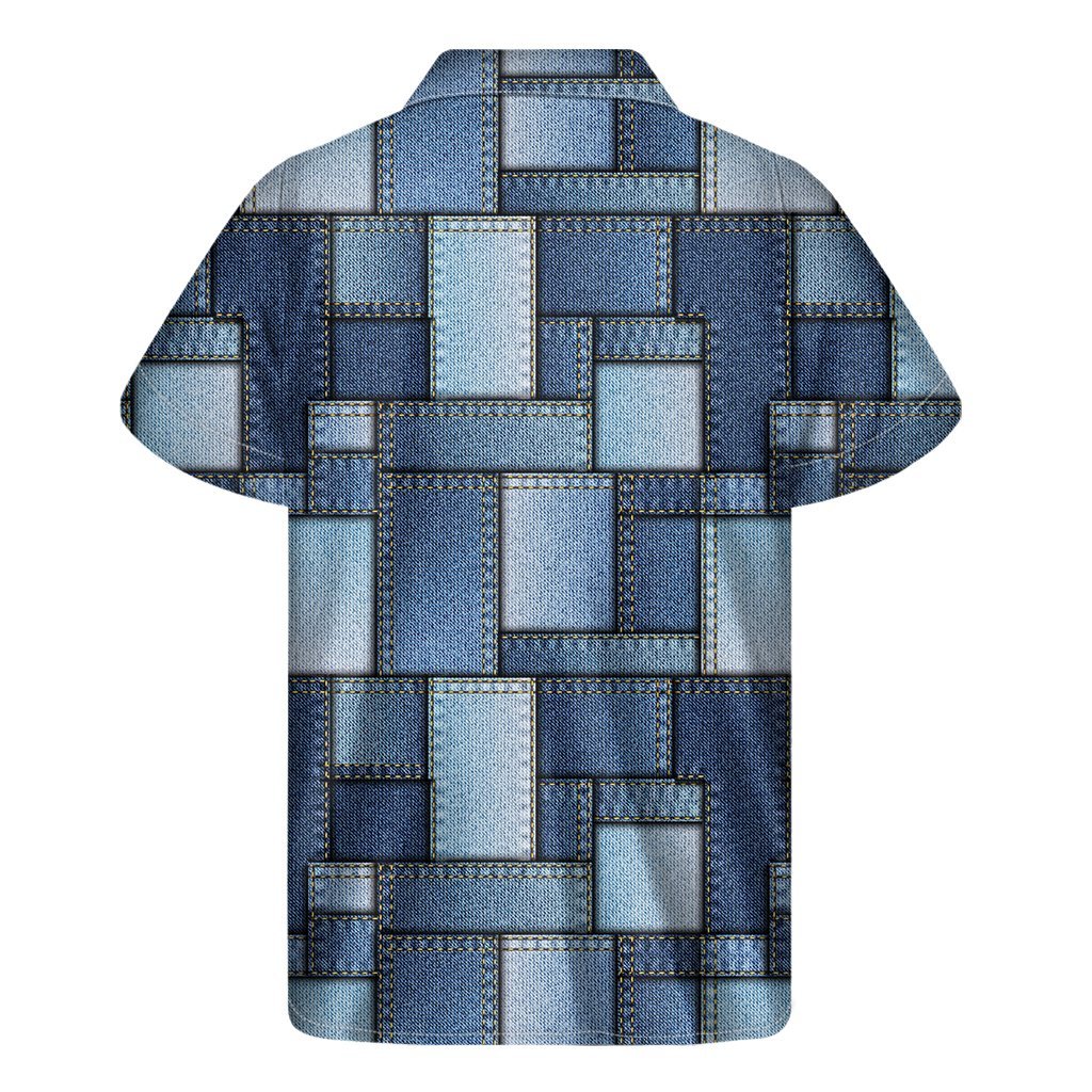 Patchwork Denim Jeans Pattern Print Mens Short Sleeve Shirt Hawaiian