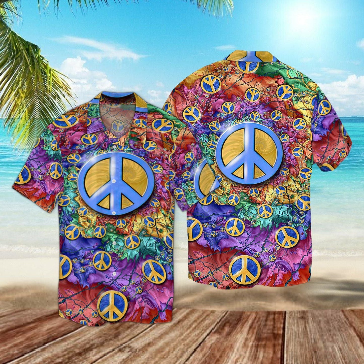 Peace Love Hippie Hawaiian Graphic Print Short Sleeve Hawaiian Shirt