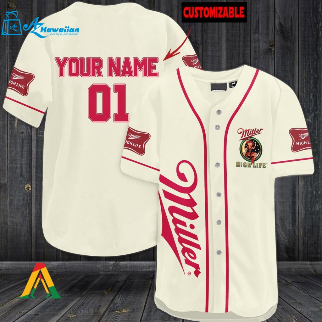 Personalized Beige Miller High Life Baseball Jersey