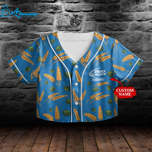 Personalized Bud Light Beer Wheat All Over Print 3D Crop-top Baseball Jersey 