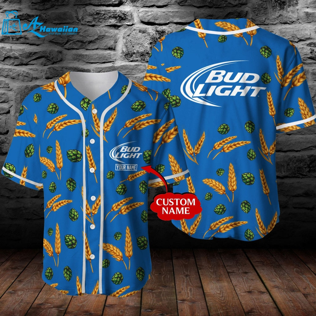 Personalized Bud Light Beer Wheat Pattern All Over Print 3D Unisex Baseball Jersey 