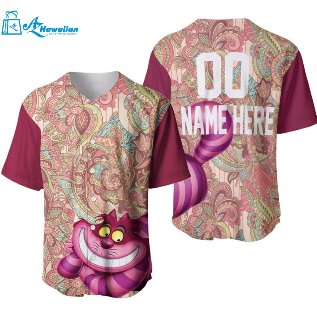 Personalized Cheshire Cat Disney Flowery Pattern All Over Print Baseball Jersey