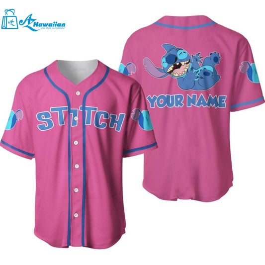 Personalized Happy Stitch Disney All Over Print Baseball Jersey - Pink