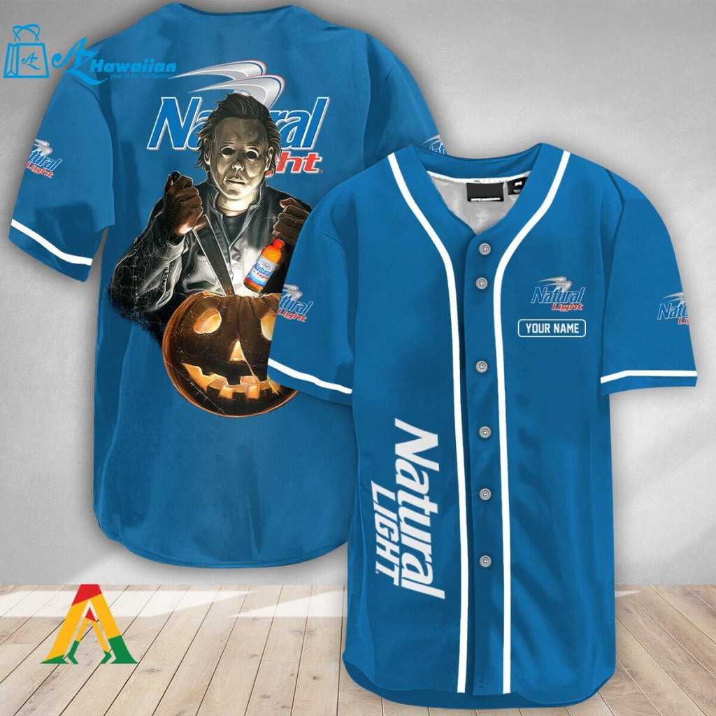 Personalized Michael Myers Pumpkin Natural Light Baseball Jersey