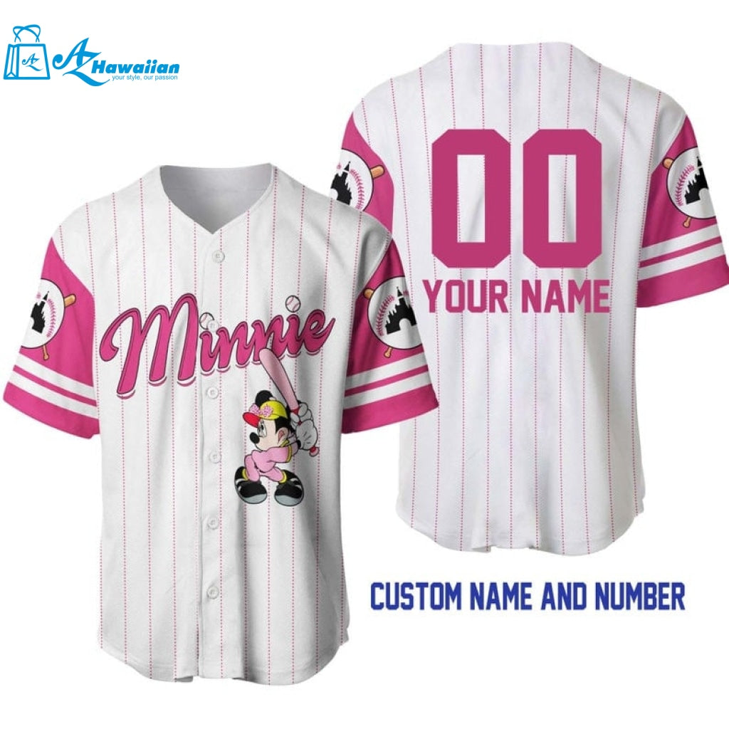 Personalized Minnie Mouse All Over Print Pinstripe Baseball Jersey 