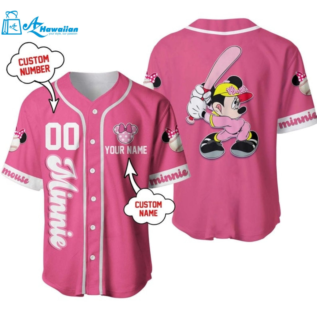 Personalized Minnie Mouse Playing Baseball All Over Print Baseball Jersey - Pink