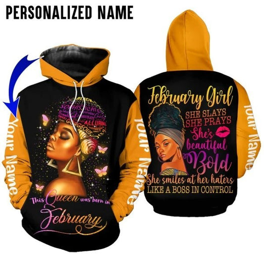 Personalized Name Black February Girl Was Born in February 3D All Over Printed Unisex Hoodie US Size