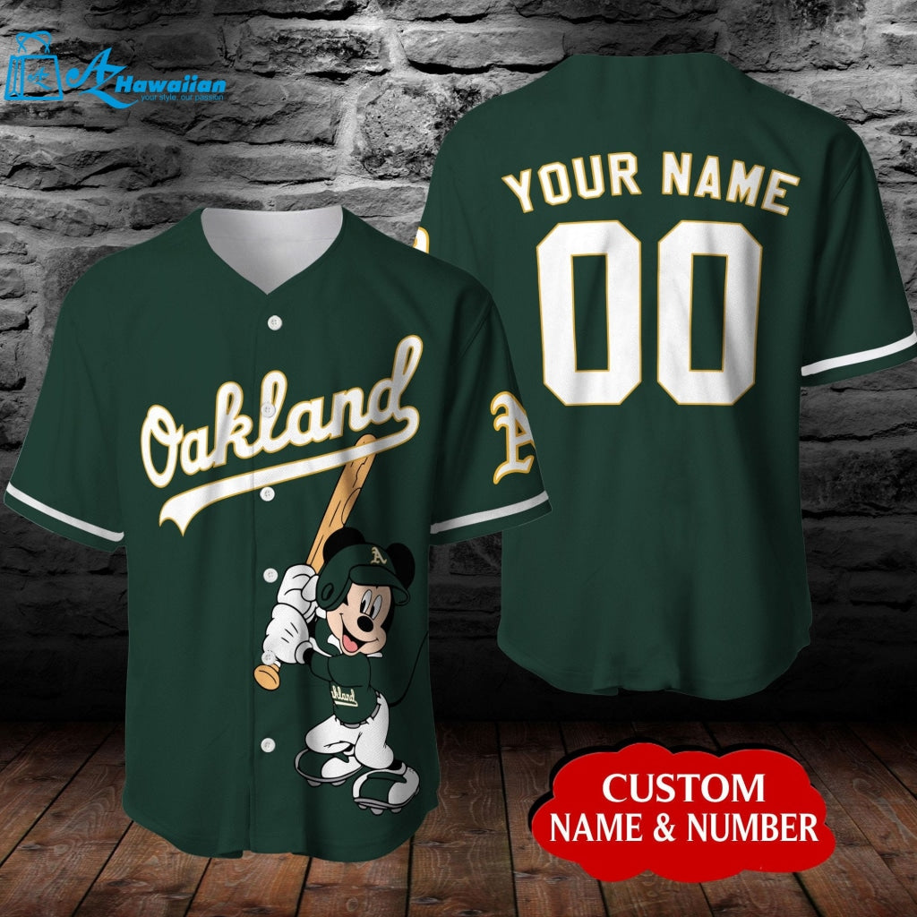 Personalized Oakland Athletics Mickey Mouse Baseball Jersey - Dark Green