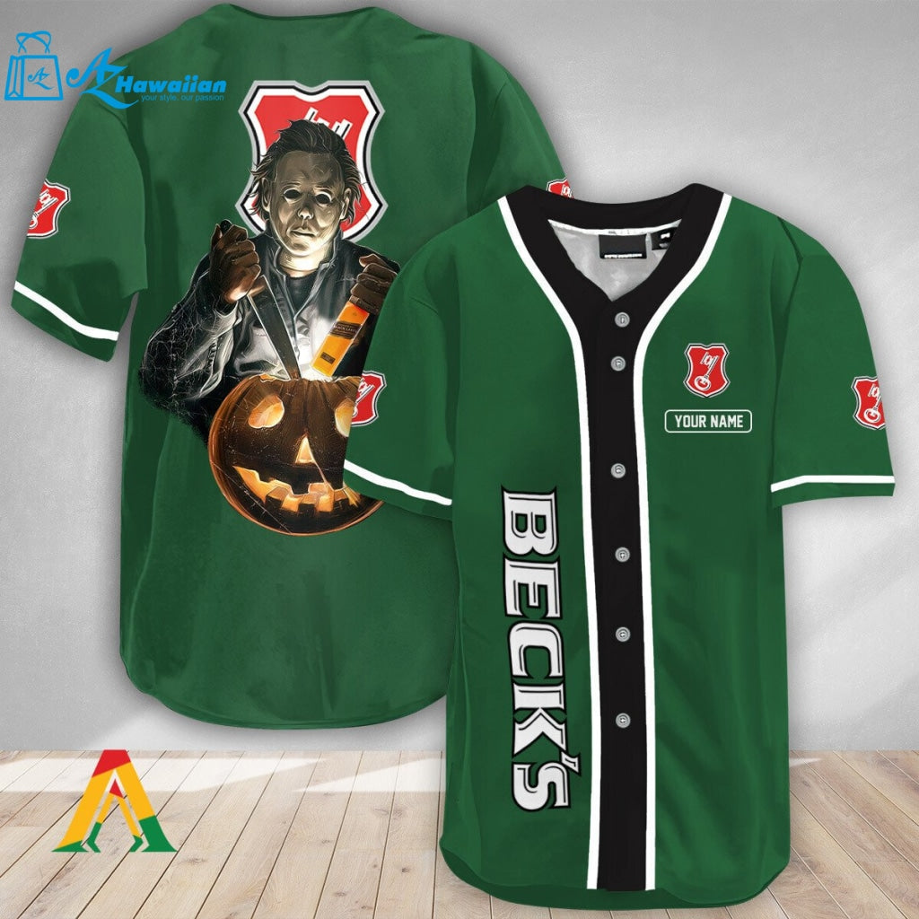 Personalized Scary Michael Myers Pumpkin Beck's Beer Baseball Jersey