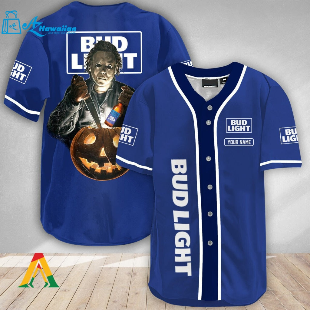 Personalized Scary Michael Myers Pumpkin Bud Light Baseball Jersey