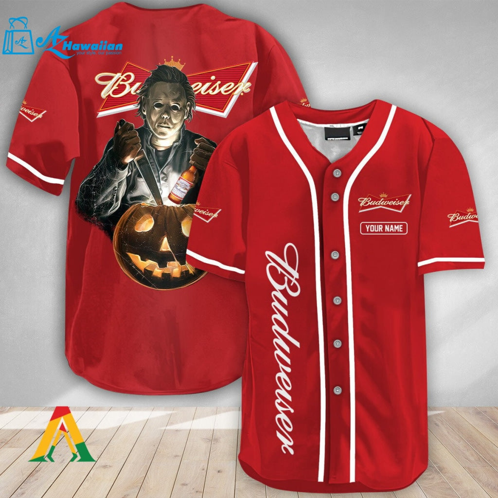 Personalized Scary Michael Myers Pumpkin Budweiser Baseball Jersey