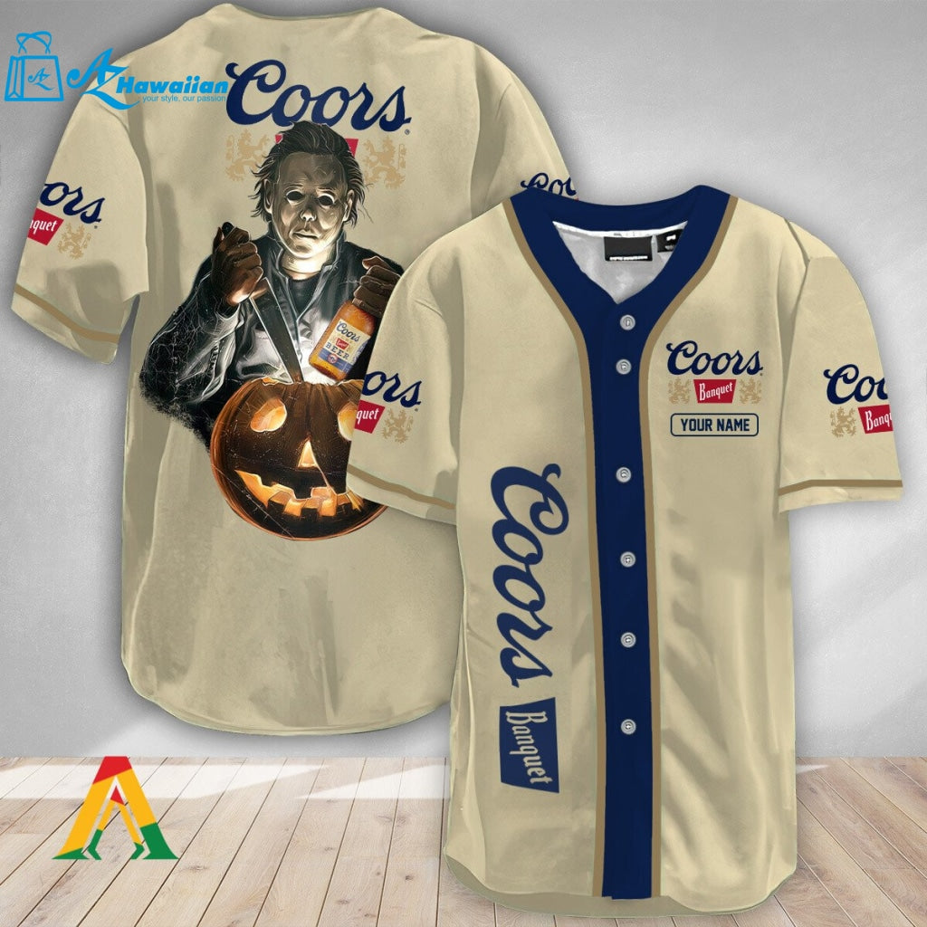 Personalized Scary Michael Myers Pumpkin Coors Banquet Baseball Jersey