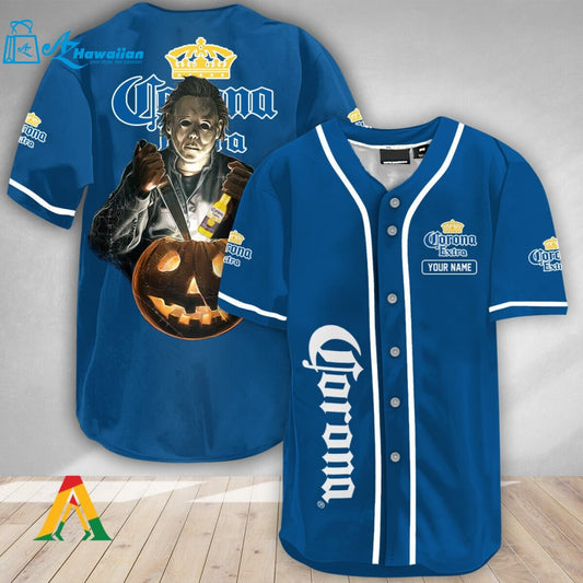 Personalized Scary Michael Myers Pumpkin Corona Extra Baseball Jersey