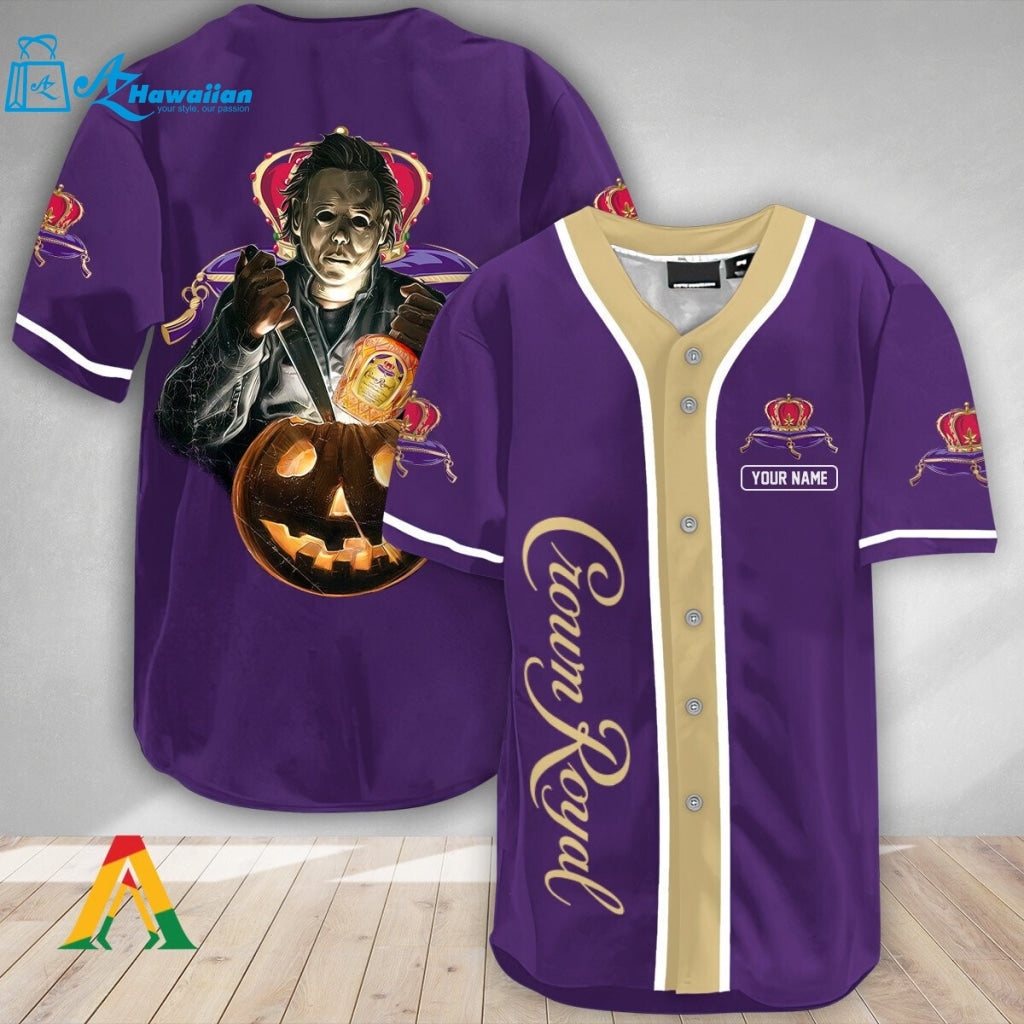 Personalized Scary Michael Myers Pumpkin Crown Royal Baseball Jersey