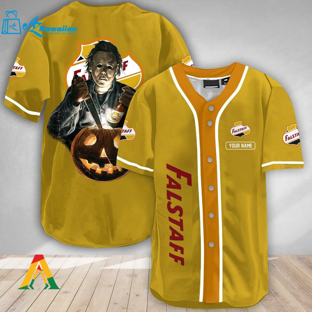 Personalized Scary Michael Myers Pumpkin Falstaff Beer Baseball Jersey