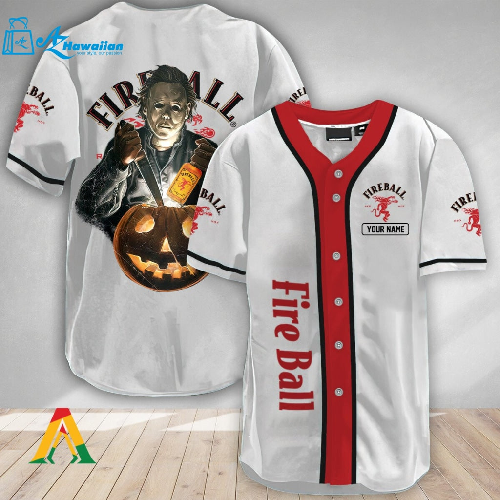 Personalized Scary Michael Myers Pumpkin Fireball Baseball Jersey