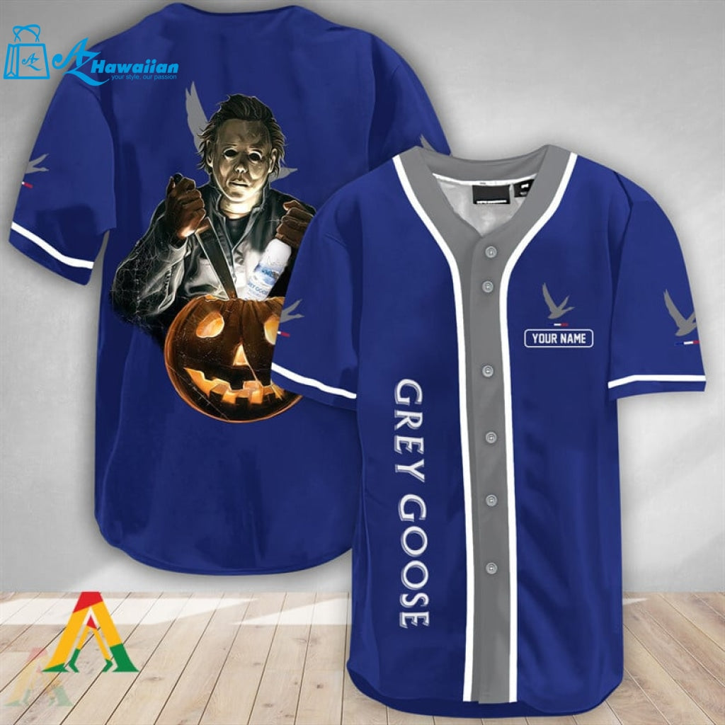 Personalized Scary Michael Myers Pumpkin Grey Goose Baseball Jersey