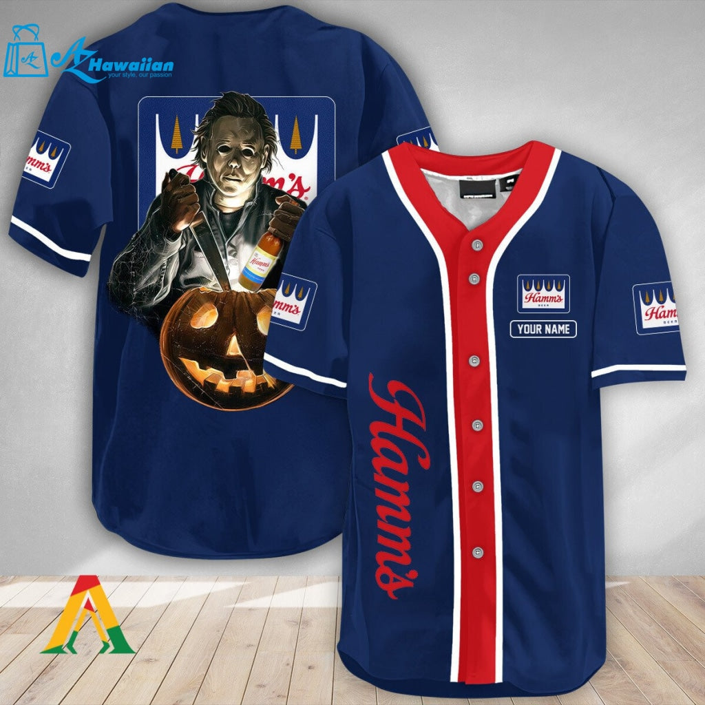 Personalized Scary Michael Myers Pumpkin Hamm's Beer Baseball Jersey