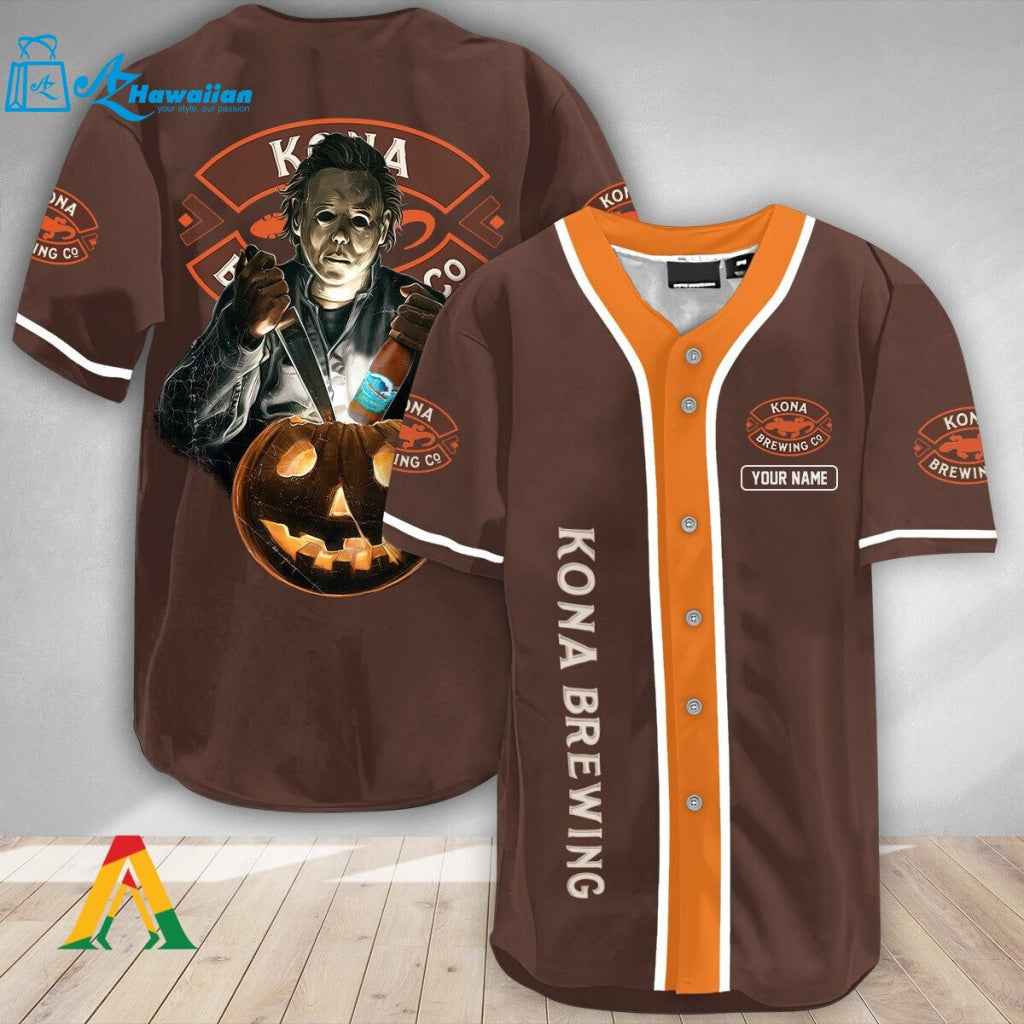 Personalized Scary Michael Myers Pumpkin Kona Brewing Baseball Jersey