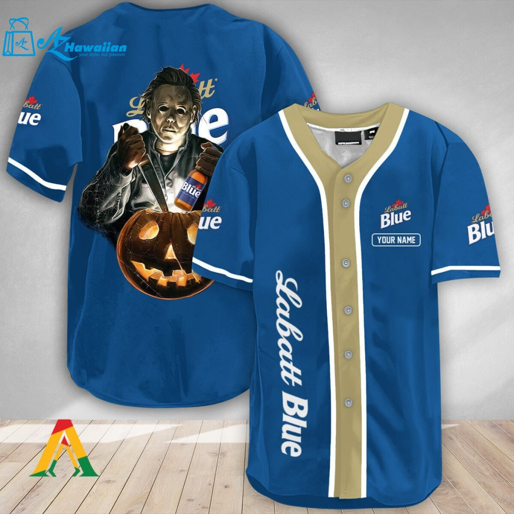 Personalized Scary Michael Myers Pumpkin Labatt Blue Baseball Jersey