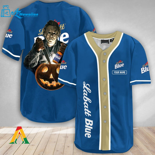 Personalized Scary Michael Myers Pumpkin Labatt Blue Baseball Jersey