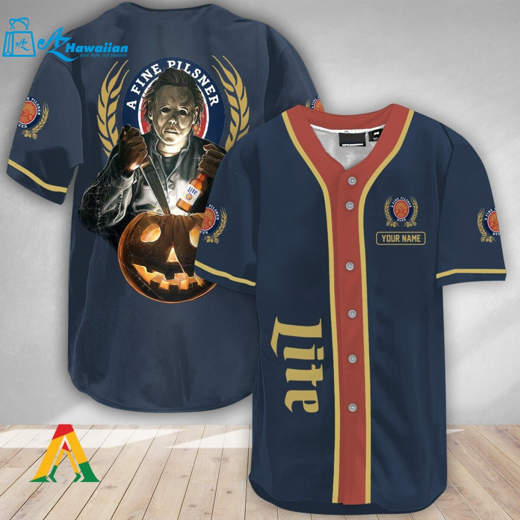 Personalized Scary Michael Myers Pumpkin Miller Lite Baseball Jersey