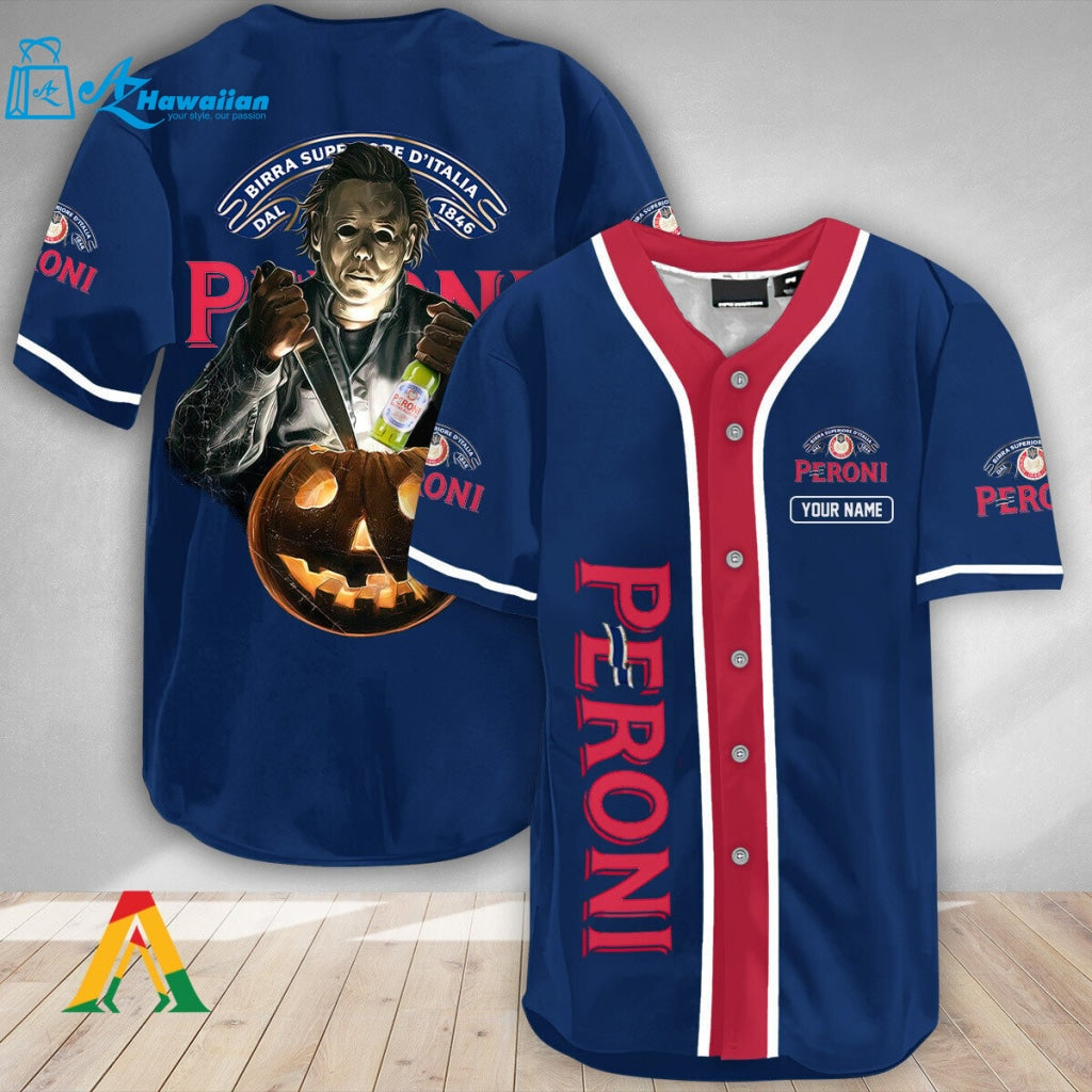 Personalized Scary Michael Myers Pumpkin Peroni Beer Baseball Jersey