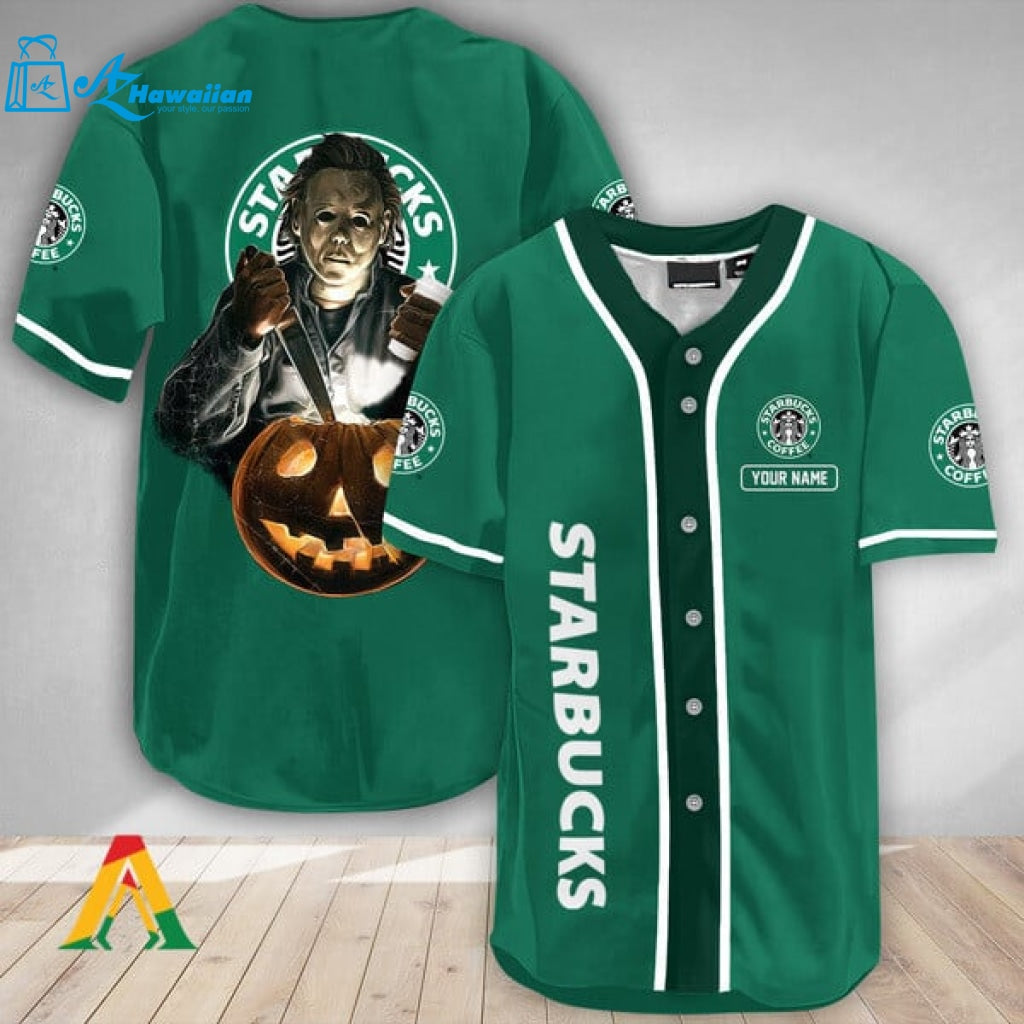 Personalized Scary Michael Myers Pumpkin Starbucks Baseball Jersey