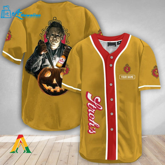 Personalized Scary Michael Myers Pumpkin Stroh's Beer Baseball Jersey