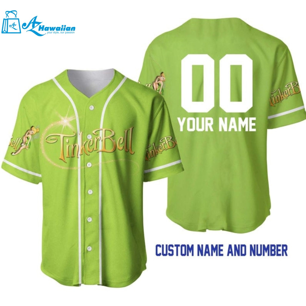 Personalized Tinker Bell All Over Print Baseball Jersey - Lime Green